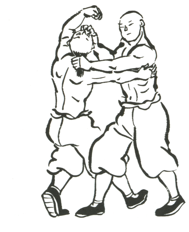 A block-printed illustration of paired figures in fighting postures, from the Bubishi.