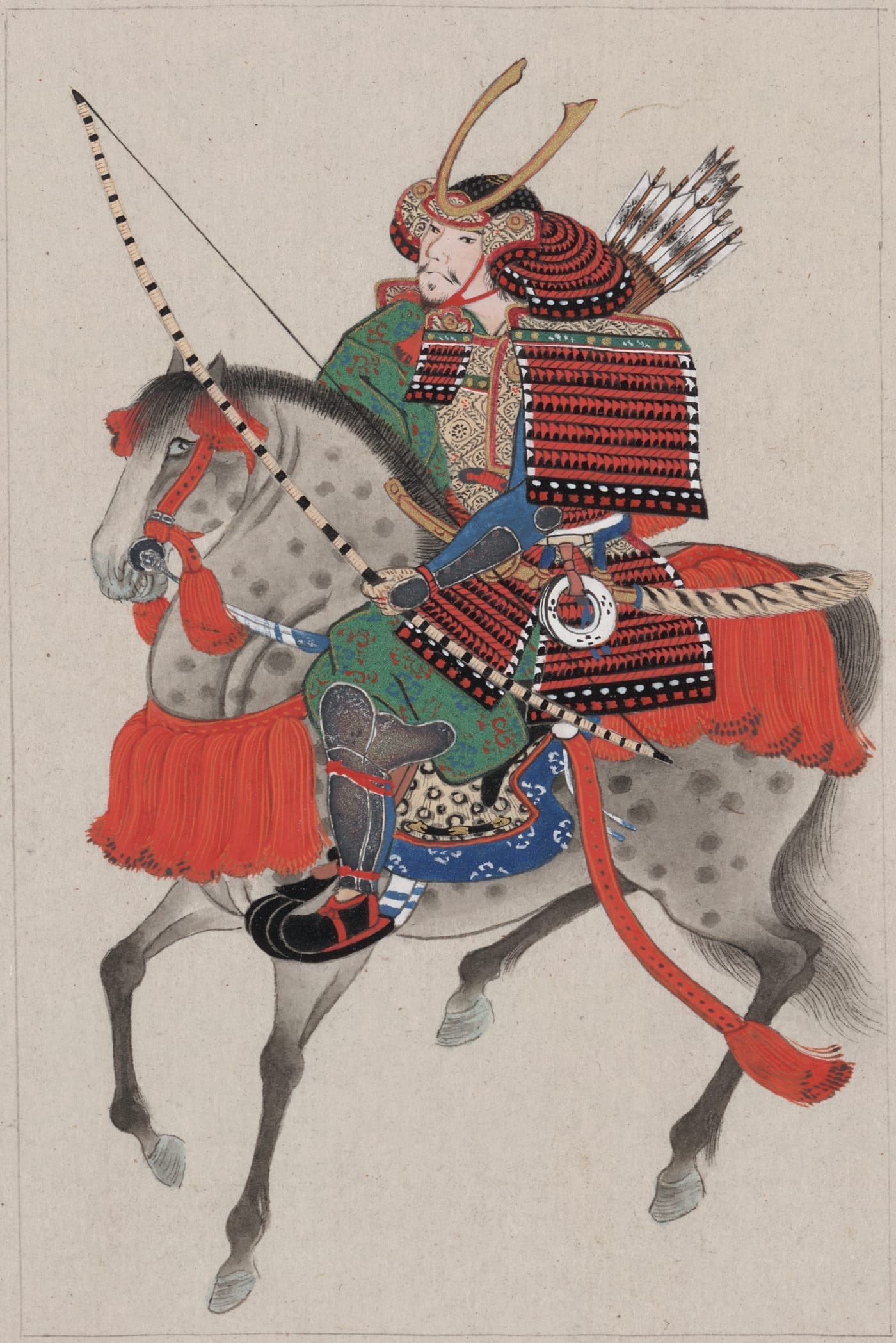 An 1878 photograph of a samurai on horseback in armour, carrying a bow.