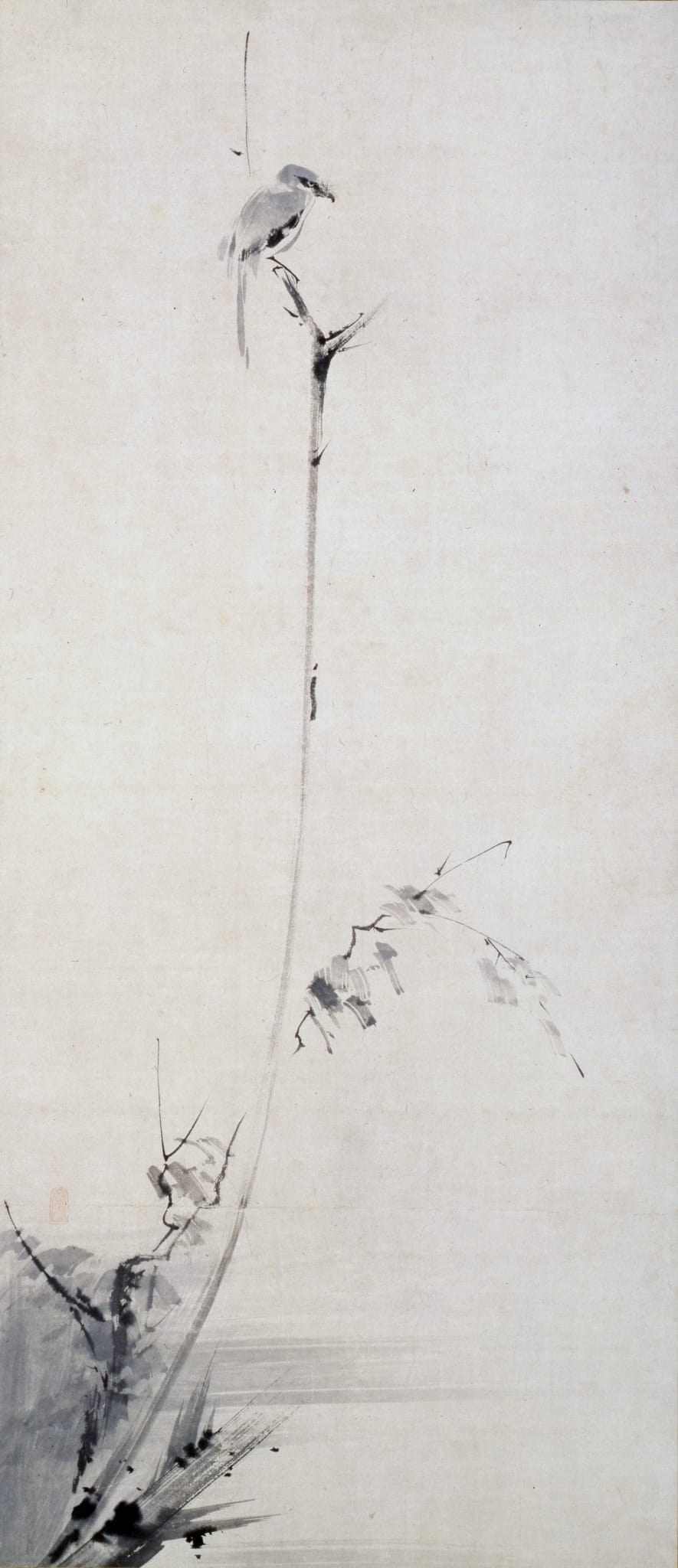 An ink-on-paper painting of a shrike perched on a withered branch, brushed by the swordsman Miyamoto Musashi.