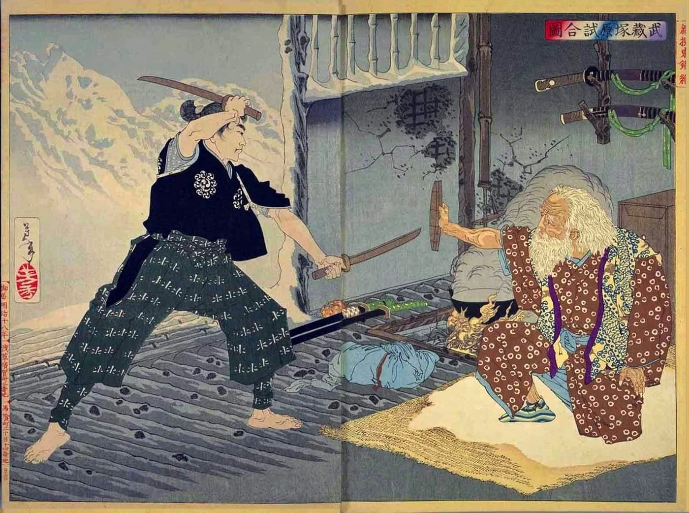 A Meiji-period ukiyo-e woodblock print depicting a legendary sword duel involving Tsukahara Bokuden.