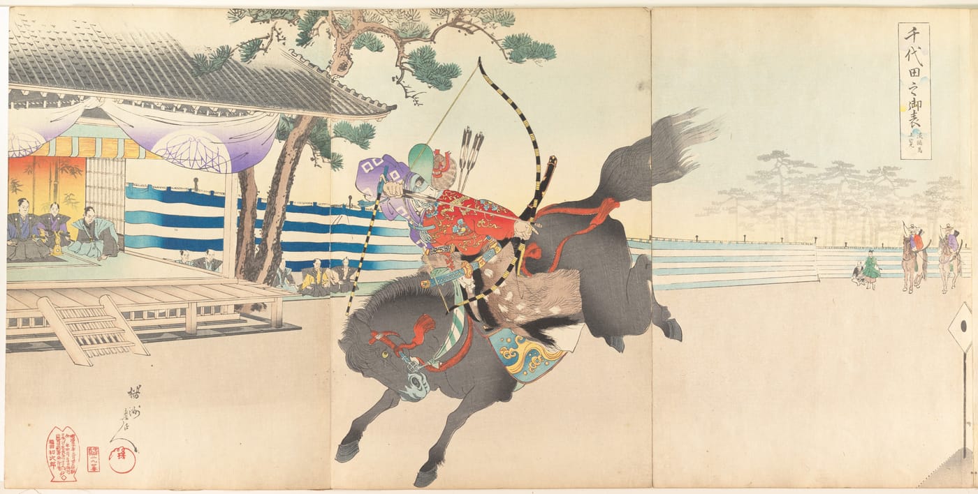 Woodblock triptych of mounted archers in court dress galloping past a target during a yabusame performance at Chiyoda Castle