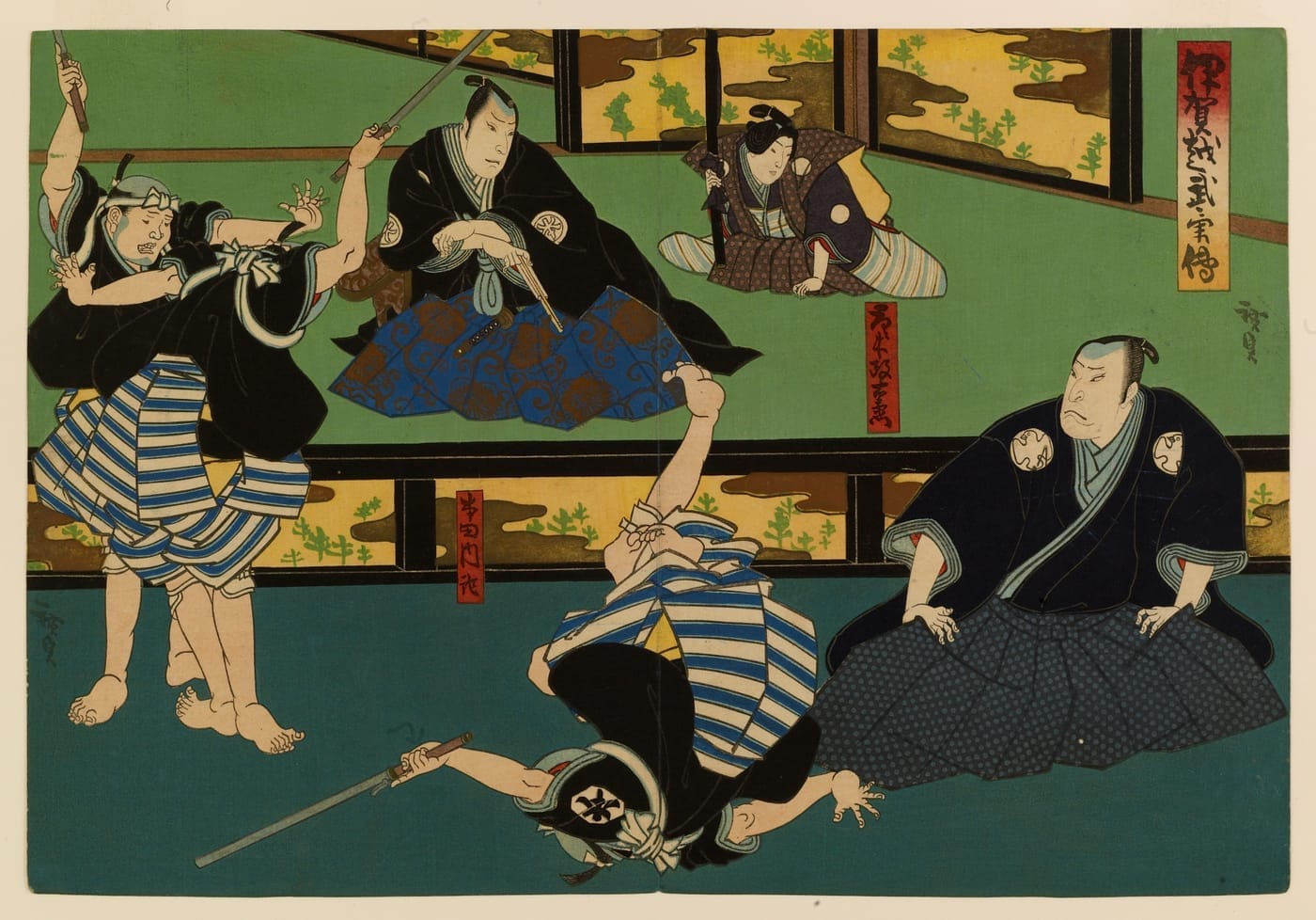 A coloured woodblock print of Edo-period swordsmen in a vendetta scene.