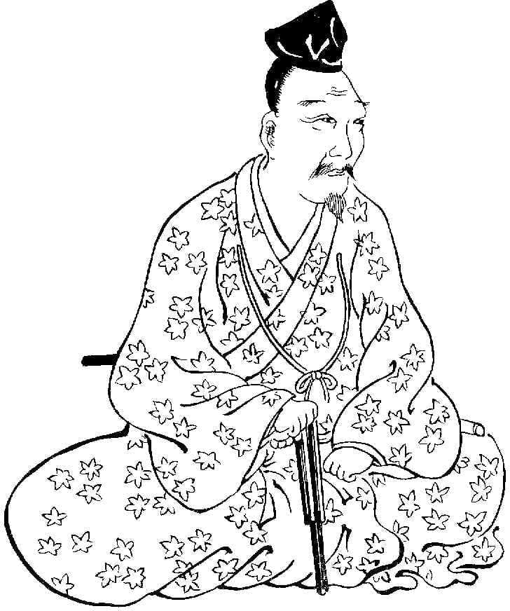 A line-drawing portrait of Iizasa Chōisai Ienao seated in formal robes holding a sword.